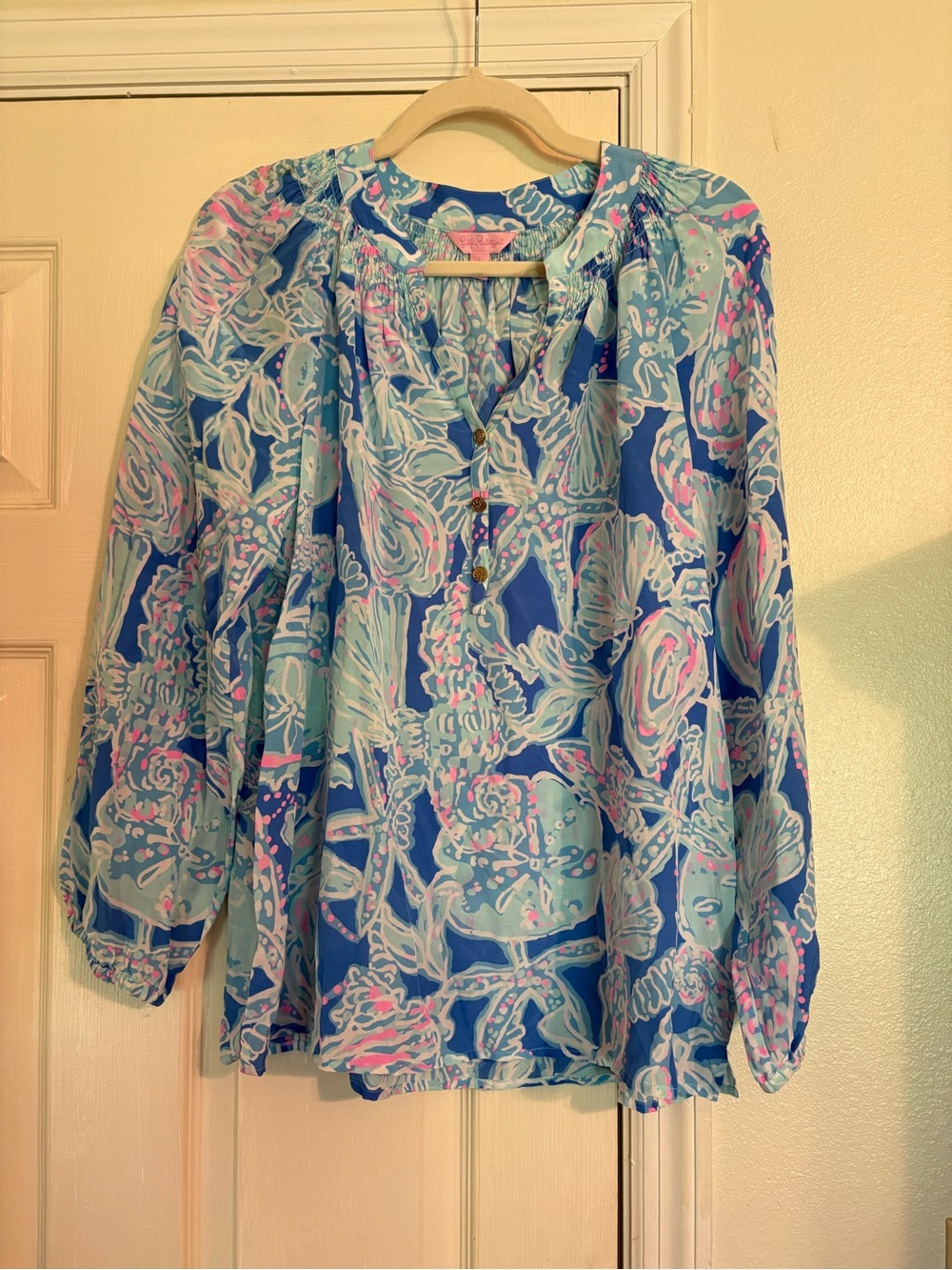 Lilly Pulitzer Light Blue Floral Tunic with Pink & Navy Accents